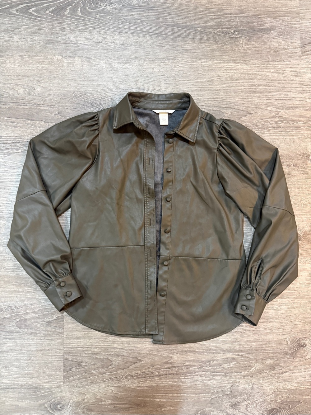 H&M Olive Green Faux Leather Button-Up Jacket fleece lining
